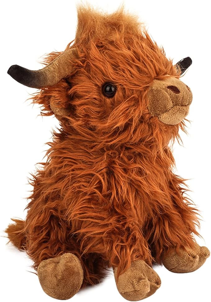 rivoeis 10.5 inches Highland Cows Stuffed Animals, Cute Fluffy Cow Plush Figure Toys Realistic Highland Cattle Plush Decor for Kids Baby Girls Boys
