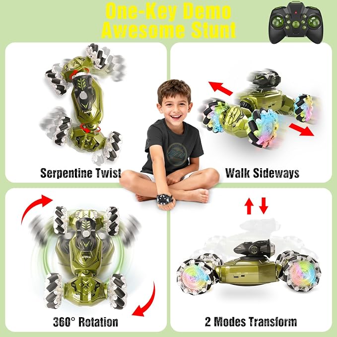 Gesture Sensing Remote Control Car, RC Cars Toys for Boys Age 6-12, 4WD Hand Controlled Twist & Transform 360° Spins Stunt Car with Mist, Light & Music, 8-10 Year Old Boys Birthday Gift Green