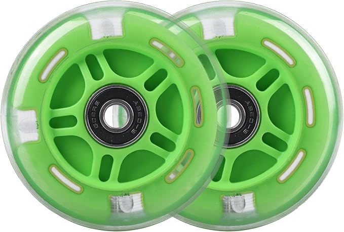 Rear 80mm Light Up White Flashing 3-Wheeled Kid Scooter Replacement Wheels Compatible with Micro Globber Lascoota Kick Scooter, 2-Pack (Green)