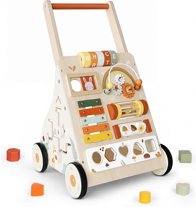 Wooden Baby Walker with Wheels, Baby Push Walker Activity Center for Babies 18 Months+, Montessori Walking Toy for Learning to Walk, Toddler 1st Birthday Gift