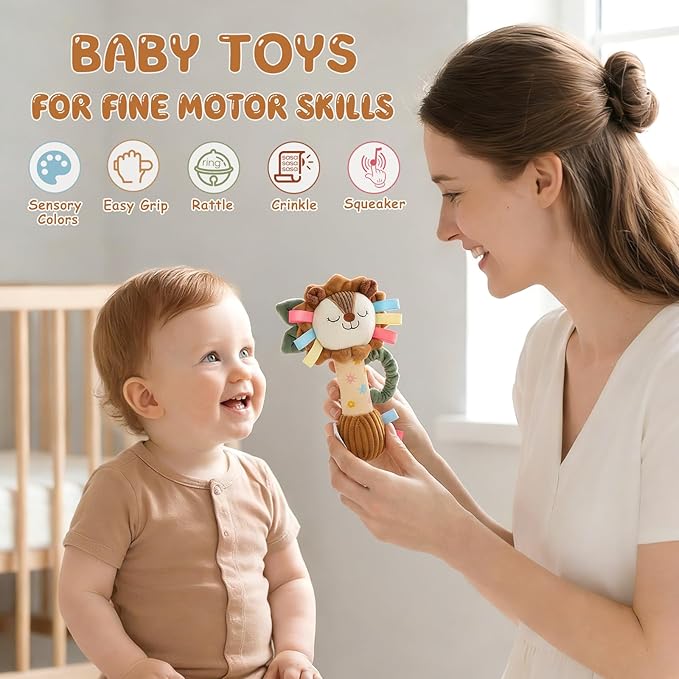 TYRY.HU Baby Rattles Toy, Plush Lion Rattle, Stuffed Animal Hand Rattles,Infant Grab Shake Rattle, Crinkle & Squeaker,Soft Sensory Toy with Sound for Babies 0-6 6-12 Months, Lion