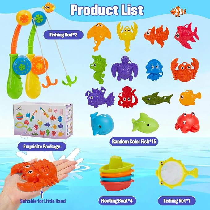 Toddler Bath Toys for Kids 1-3 3-5, Mold Free Bath Toys Toddlers 2-4, Pool Water Table Toys | Safe Fishing Toys Game Set, Pole Rod Net Tub Toys, Outdoor Water Toys, Birthday Gifts for Ages 1 2 3 4 5 8