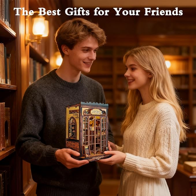 DIY Miniature House Kit, Library Book Nook Kit, 3D Wooden Puzzles Bookshelf Craft Kits, Dollhouse Kit with LED Light, Mini Building Kit for Adults Teen to Build (Retro Bookstore)