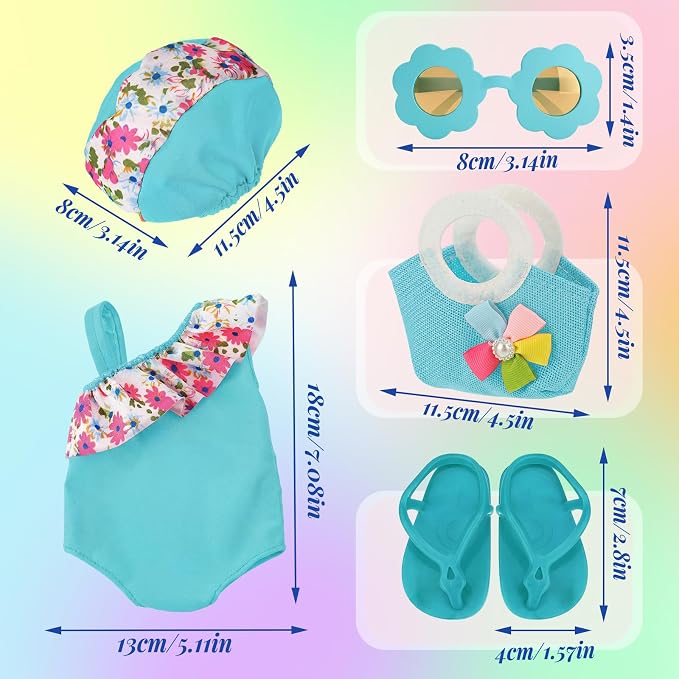 Kajaia 8 Pcs Light Blue 18 Inch Doll Clothes and Accessories Doll Swimsuit Dress Flip Flops Hat Outfit Swimsuit Accessories