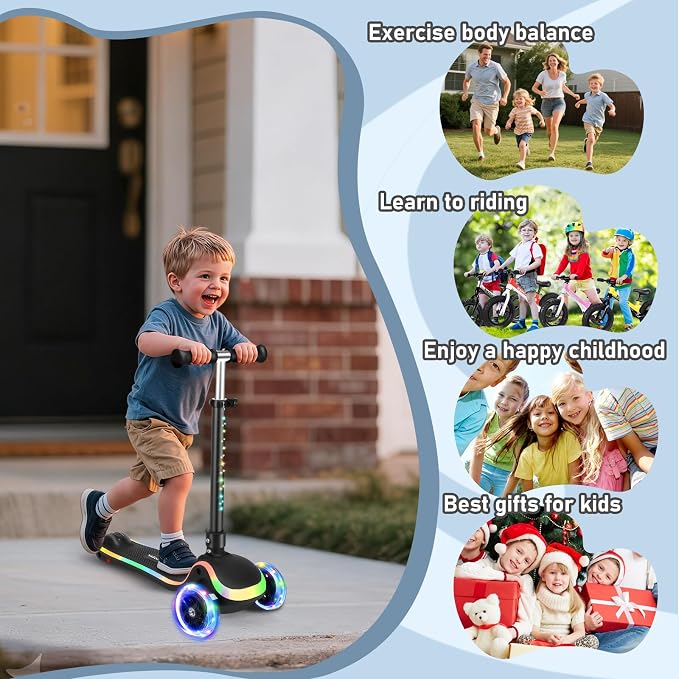 Kids Scooter with Seat, 2 in 1 Kick Toddler Scooter with LED Light-Up Wheels and Light up Deck, 4 Adjustable Heights, Lean to Steer, 3 Wheels Scooter Suitable for Boys & Girls Ages 2-8 Years