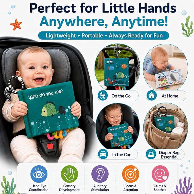 Fish Baby Book, Crinkle Books for Babies, Touch & Feel Soft Books, Infant Baby Toys 0-3 0-6 6-12 Months, Sensory Mirror Toy,Teether Ring, Baby Shower, Baby Basket Stuffers,Gifts for Boys Girls -Green