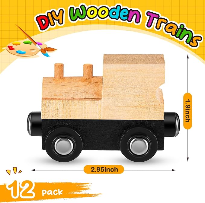 Halloscume 12 Pcs Unfinished DIY Wooden Trains Magnetic Unpainted Wooden Train Cars Toys for Railway Paint Project, Birthday Party Decorations Back to School Crafts Gifts Supplies (Classic)