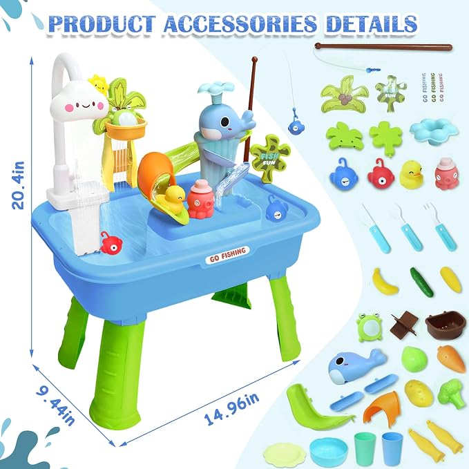 Water Table for Toddlers 1-3, Kids Play Sink for Toddlers with Pump, Whale Slide, Waterfall Shower & Pretend Kitchen Accessories, Summer Baby Water Toy for Outdoor Backyard Sensory Play（Blue）
