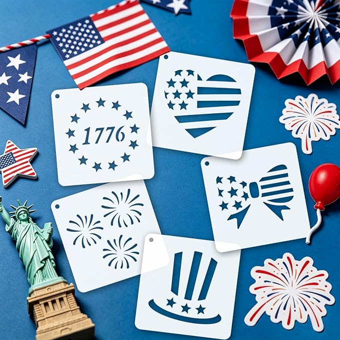 72 PCS 3x3 Inch Independence Day Stencils for Painting - Reusable USA Flag Patriotic Painting Templates, Red White and Blue Party Supplies for 4th of July Memorial Day Painting Stencil