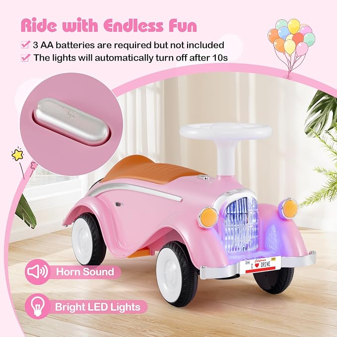 Costzon Toddler Ride On Toy, Classic Foot to Floor Sliding Car w/Steering Wheel, Horn, Headlights & Under Seat Storage, Kids Push Ride-Ons, Retro Baby Ride On Toys for Boys Girls 19-36 Months (Pink)