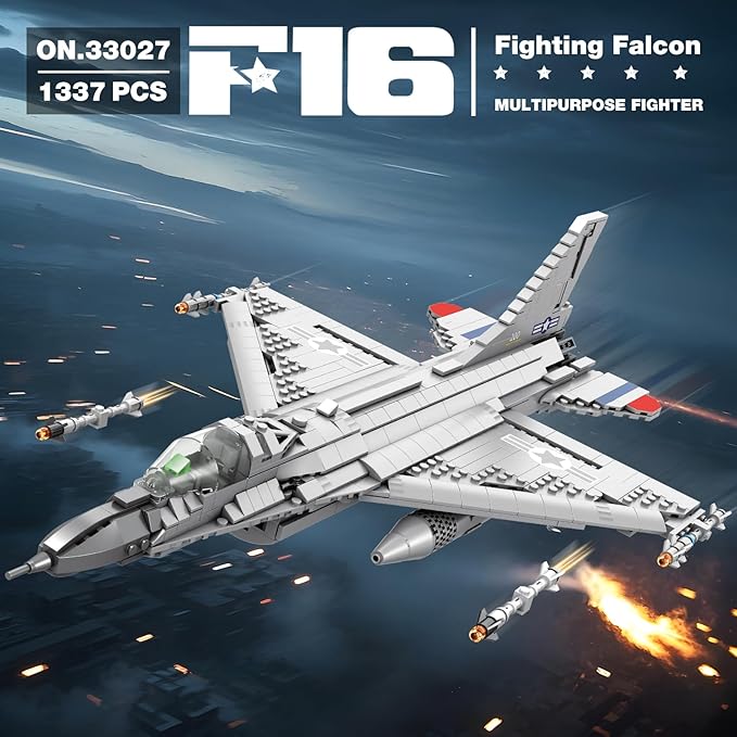 Reobrix F-16 Fighter Jet Building Set 33027, 1377 PCS Military Airplane Model Kit with Display Stand, Retractable Landing Gear, STEM Collectible Gift for Adults & Teens 14+