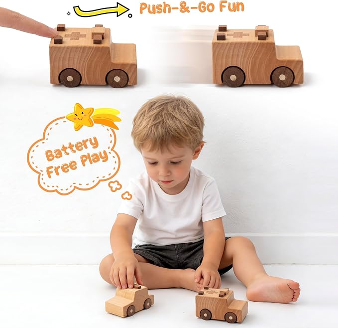 Wooden Toy Cars for 3 Year Old Boys & Girls - Construction Vehicles Set Push Toys for Toddlers, Wood Montessori Car with Rolling Wheels, Natural Wood Toys (Ambulance & Police Car)