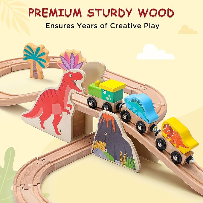SainSmart Jr. Wooden Train Set Dinosaur Theme, Train Toys with 6 Kinds of Dinosaurs, Dinosaur Train Compatible with Brio, Thomas, Melissa & Doug – Perfect Wood Toy for Boys and Girls