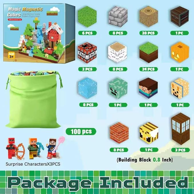 100PCS Magnetic Blocks Forest World Set - Build Mine Red House Waterfall Scene with Magnetic Cubes, STEM Educational Toys for Toddlers 3+, Creative Magnet Tiles Gifts for Boys & Girls