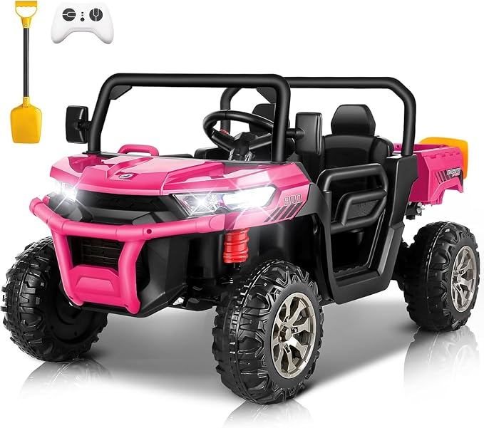 24V 4WD Ride on Car Dump Truck w/4X200W Motor, 2 Seaters, Gift Flower, 2.4G Remote Control, Bluetooth Music, LED Light, 24 Volt Ride on Toy Cars for Big Kids, Pink