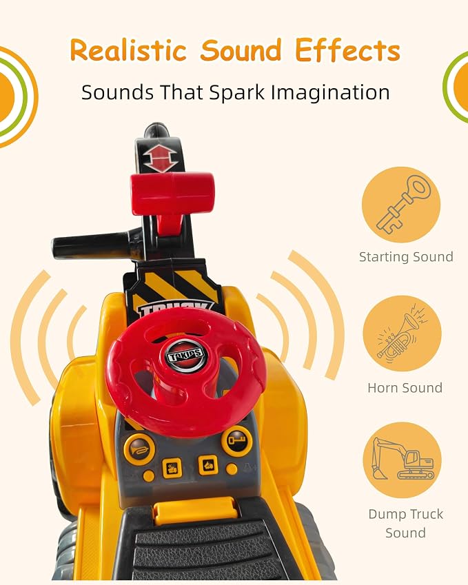 Kids Excavator Ride On Toys for Boys and Girls 2+ Years, Foot-to-Floor Ride On Excavator with Sounds, Steering Wheel, Storage, Toy Hard Hat and 3 Rocks