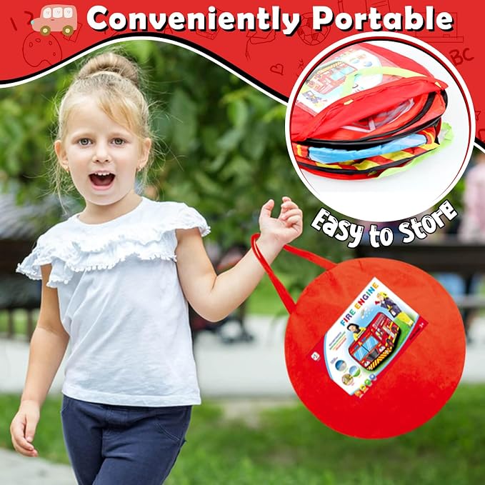 Pop Up Play Tent for Kids Aged 3-5 Years Old Boys and Girls : Fire Truck Tent Playhouse Toy Play Tents for Toddlers 3-5 Kids Tent Indoor Outdoor Playhouse Toys for 3 + Year Old, Fire Truck