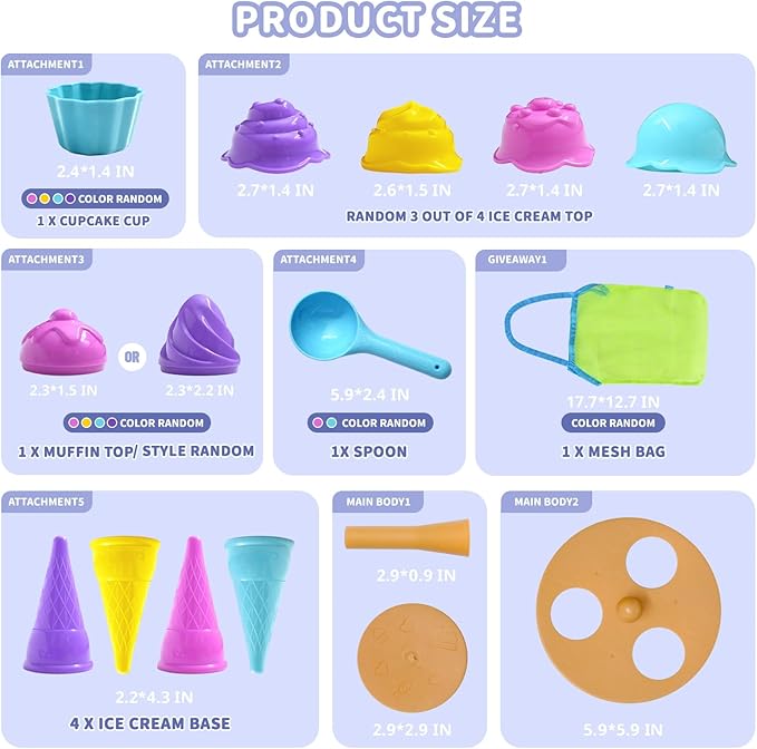 SupMLC Beach Toys Ice Cream Sand Toys - Toddlers Beach Essentials for Kids Girls Boys, Sand Molds, Shovels with Collapsible Mesh Bag, Travel Sand Box Toys for Beach, Party, Bath Toys Pretend Play