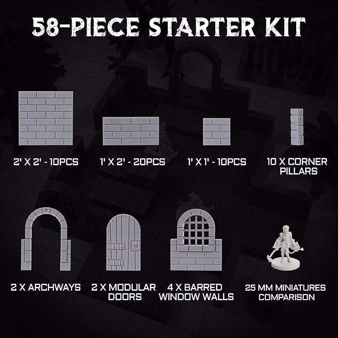 CZYY Magnetic Dungeon Tiles, 58 PCS Modular Terrain Set for RPGs, Basic Set | Double-Sided Texture, Paintable Gray Plastic, Quick Build 3D Battle Maps, Fits 25-32 mm Miniatures, Gift for DM & RPG Player