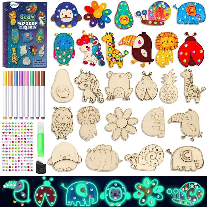 EAPHANT Kids Crafts, 15 PCS Kids Activities Arts and Crafts Painting Kits, Glow in The Dark Wooden Magnets to Paint