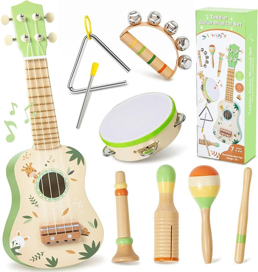 Toddler Guitar Set, 7-in-1 Wooden Baby Musical Instruments Band Includes 17" Ukulele, Maracas, Drum, Trumpet & More - Perfect Toy for Kids Ages 1-5, Ideal Gift for First Birthday Christmas