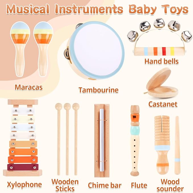 Wooden Toddler Musical Instruments Set, Montessori 18 Month Old Baby Musical Toys, Kids Percussion Instruments Xylophone Maracas for Toddlers 2 3 4, Preschool Christmas Birthday Gifts for Girls Boys