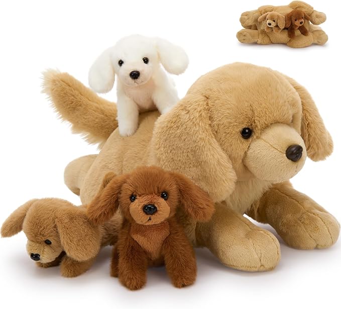 MaoGoLan 4pcs Golden Retriever Stuffed Animal with Babies Inside - 18" Mommy Dog Stuffed Animal with 3 Puppy Plushies, Soft Cute Stuffed Dog Plush Toys for Kids Girls Boys Birthday
