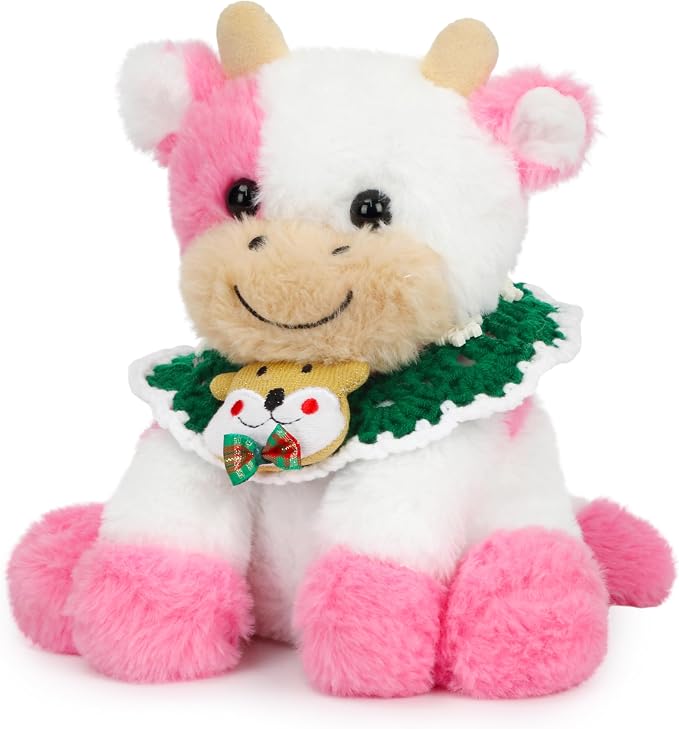 Hopearl Adorable Christmas Plush Cow Toy Floppy Dairy Cattle Soft Kawaii Stuffed Animal Cute Xmas Gifts for Boys Girls Kids Toddlers, Pink, 9''