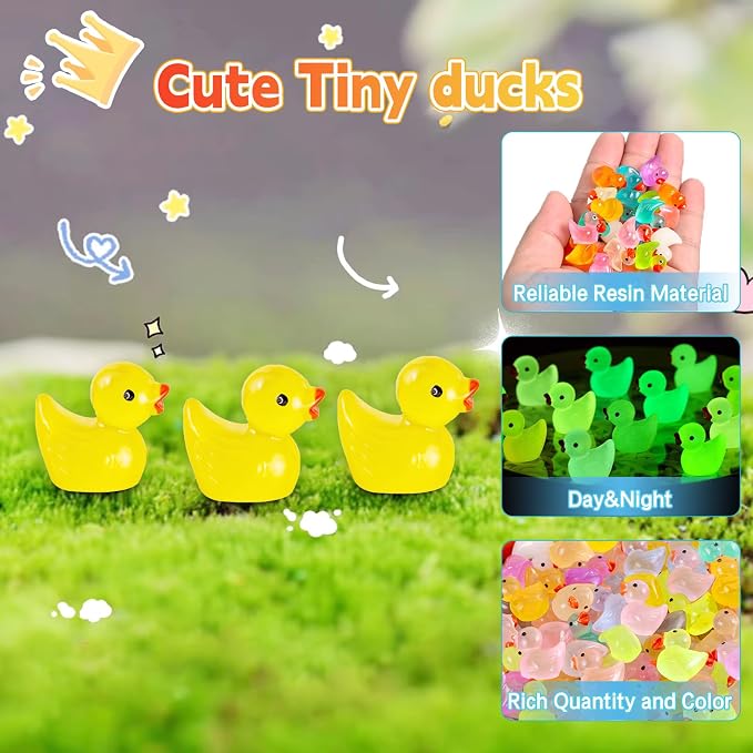 50 Pcs Glow in the Dark Mini Resin Ducks Blind Bag Set – Small Luminous Duck Figurines for Fairy Garden, Dollhouse, Craft Decoration, Party Favors and Collectible Toys