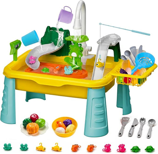 Toddler Water Table with Running Water Sink, 2026 Upgraded Kids Kitchen Play Sink Toy with Pump, Fishing Game & Sensory Water Play Toys for Boys Girls Ages 1-3