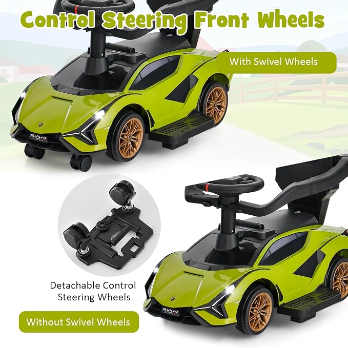 INFANS 3 in 1 Ride on Push Car, Licensed Lamborghini Baby Stroller Sliding Walking Car with Push Handle, Music, USB, Headlight, Under Seat Storage, Kids Foot-to-Floor Toy for 18-60 Months (Green)
