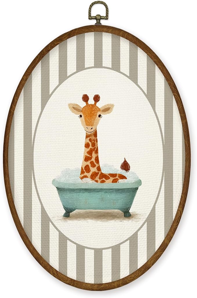 WULQYING Funny Giraffe Kids Bathroom Wall Art Decor, Kids Oval Framed Canvas Art Prints, Whimsical Neutral Striped Giraffe in Bathtub Wall Hanging Decor for Kids Bathroom Washroom, 8.5x11.4 Inches