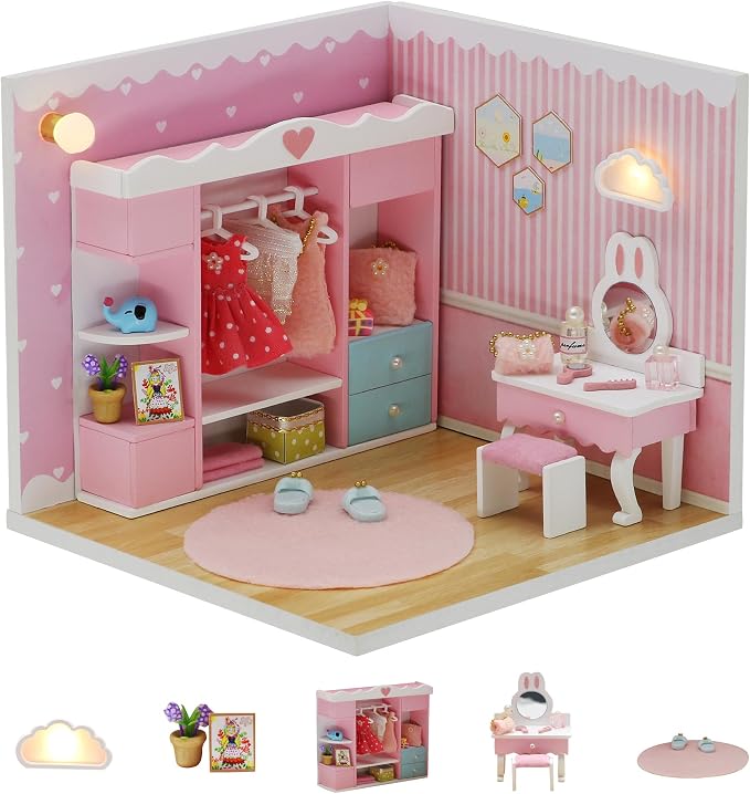 Kisoy Dollhouse Miniature with Furniture Kit, DIY 3D Wooden DIY House Kit A Corner of a Small Apartment Style with Dust Cover & LED,Handmade Tiny House Toys for Adults Gift（Cloak Room）