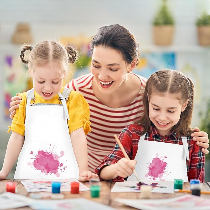 6 Pack Kids Apron bulk with 2 Pockets Adjustable Chef Art Apron Kids Painting Aprons for Cooking Baking Painting Crafting Grilling Activity（White）