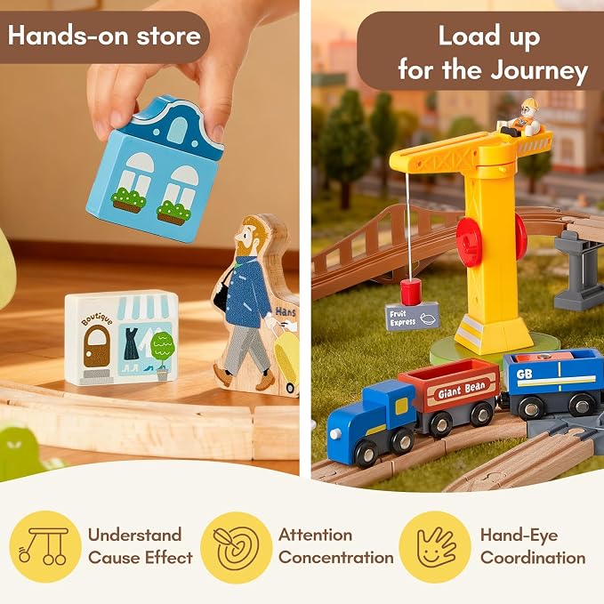 94pcs Wooden Train Set, Modern City Adventure Railway Track for Kids with Bridge, Tunnel, Crane, Town Buildings, Compatible with Most Brand, Christmas Toy Gift for Boys Girls Age 3-8
