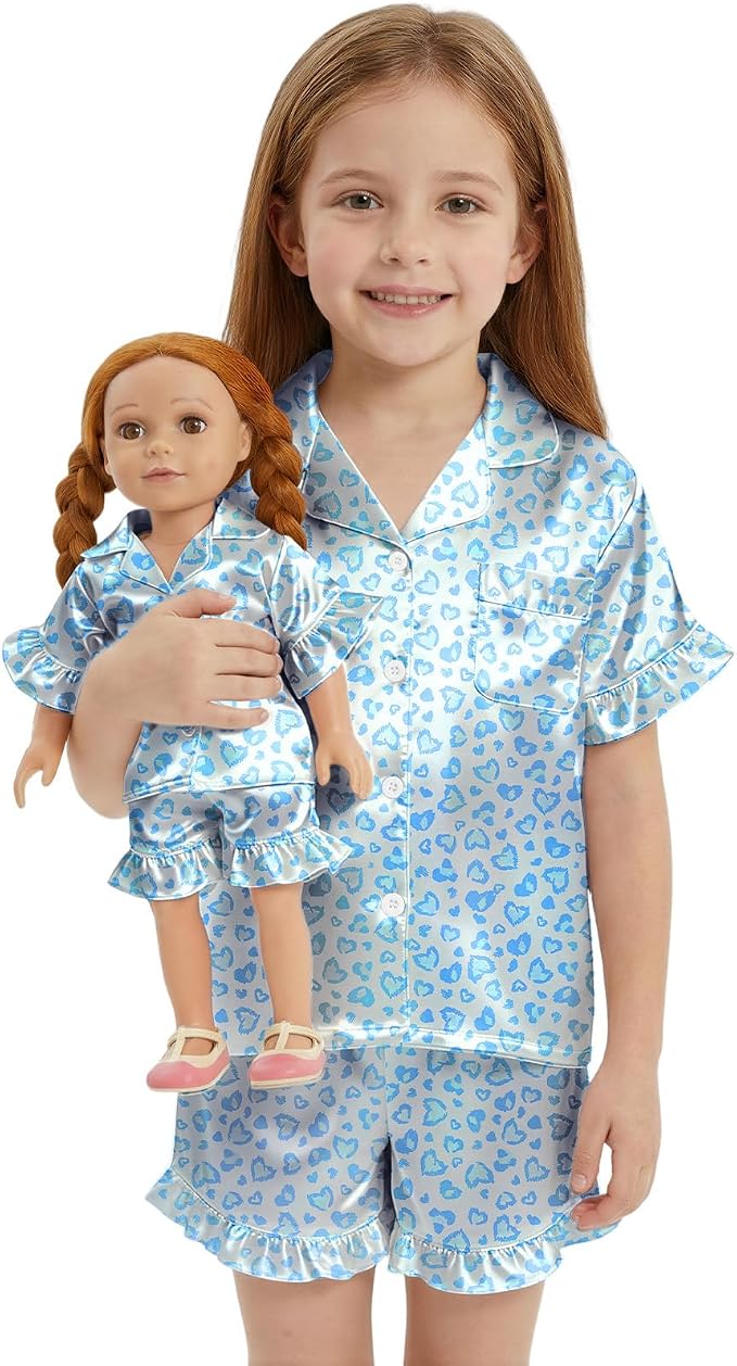 ICOSY Matching Doll & Girls Silk Pajamas Satin Pjs for Girls Button-Down Top and Shorts for 18" Doll Girl Clothes