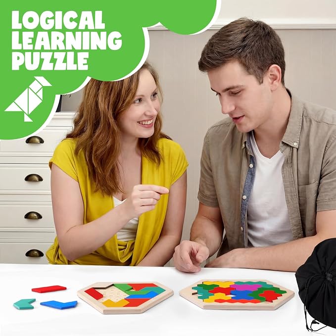 Yunsailing 3 Pack Large Wooden Blocks Puzzles Hexagon Tangram Puzzle Wooden Russian Brain Puzzles for Adult Challenge Teasers Geometric Jigsaw Logic Iq STEM Educational Gift Graduation(Multilateral)