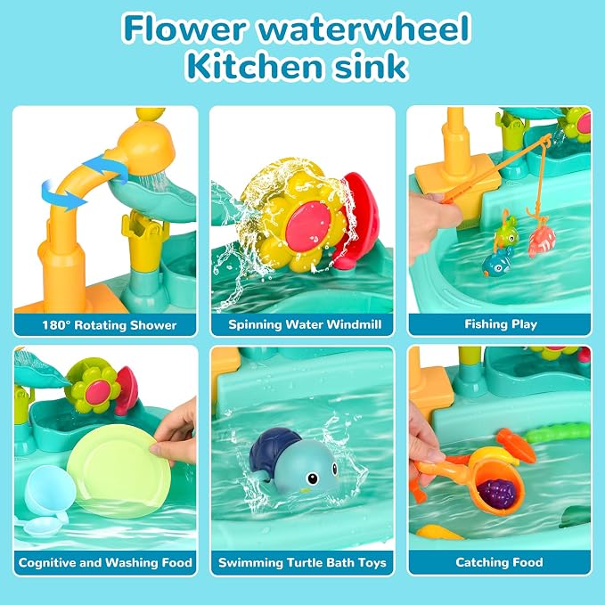 Mini Water Table for Toddlers, 360° Electric Faucet Play Sink with Fishing Game Running Water Play Sink with Fishing Play, Sensory Activity for 3+ year Olds, Perfect for Outdoor & Indoor Use
