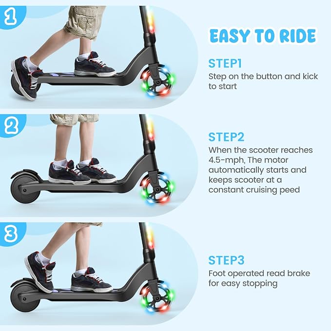 LIEAGLE Electric Scooter for Kids Ages 6-12, LED Light-Up Deck, Kids Scooters with 3 Adjustment Levels Handlebar to 36 Inches High,5.3" Wheel UL Certificated Kick Scooter