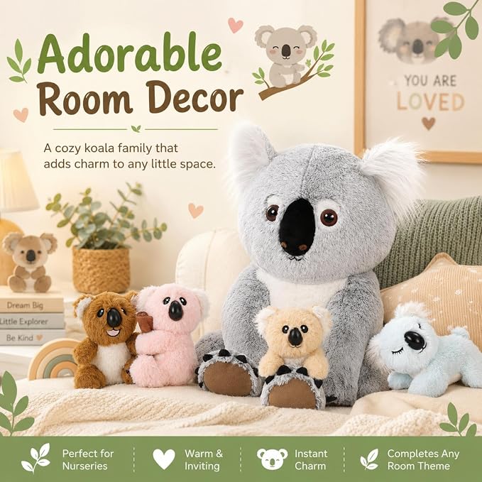5 Piece Koala Plush Family Set, 17.7 Inch Mom Koala Stuffed Animal with 4 Baby Koala Plush Toys, Soft Koala Bear Plush with Zippered Back Pouch, Birthday for Kids