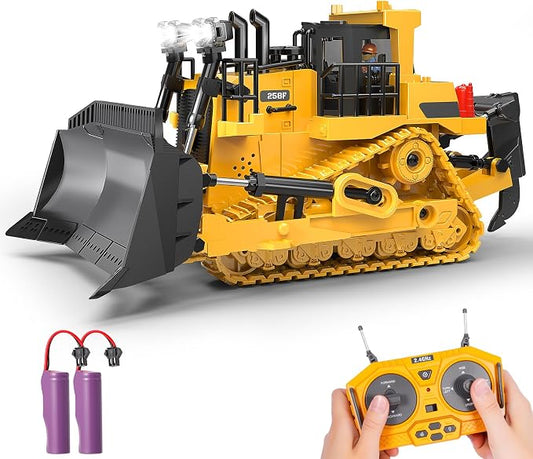 RC Bulldozer Toy for Boys, Remote Control Play Bulldozer Construction Vehicles, 9CH 2.4Ghz Track Type Tractor Dozer with Metal Blade & Light, Truck Toys for Kids 3-12 Year Old Christmas Birthday Gifts
