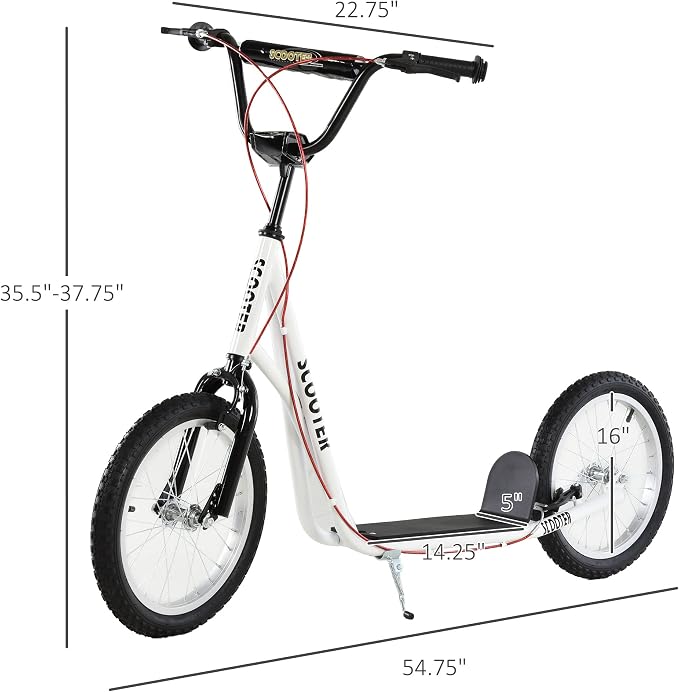 Aosom Youth Scooter Kick Scooter for Kids 5+, Max Load 220 LBS., with Adjustable Handlebar, 16" Inflatable Wheels, Dual Brakes