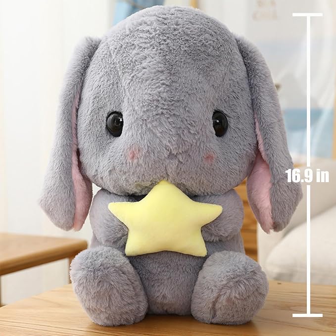 HOUPU Soft Toy - Sitting Lop Eared Rabbit, Easter White Rabbit Stuffed Bunny Animal with Carrot Soft Lovely Realistic Long-Eared Standing Pink Plush Toys (Gray-Star,16.9in/43cm)