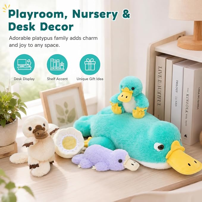 Tezituor Platypus Stuffed Animal Set,Mother Platypus Plush with 3 Colorful Baby Platypuses,Soft Blue Animal Family Plush Toy with Egg,Cute Easter Christmas Birthday Gift for Kids Boys Girls Girlfriend