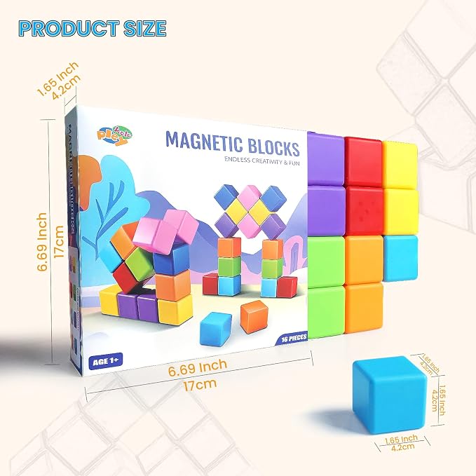 Large Magnetic Building Blocks, 8 Colors 1.65 Inch Magnetic Blocks for Toddlers 1-3, Magnet Cubes Sensory Stacking Learning Toys, Birthday Gifts for Boys and Girls, 16PCS