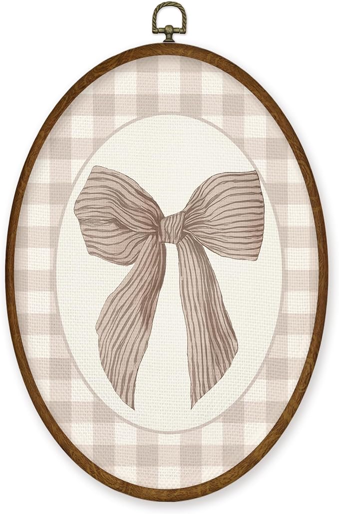 WULQYING Vintage Coquette Bow Girl Nursery Wall Art Decor, Preppy Oval Framed Canvas Art Prints, Neutral Gingham Girly Wall Hanging Decor for Toddler Girls Nursery Room Bedroom, 8.6x11.4 Inches