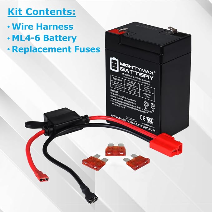 Mighty Max Battery Drop in Replacement for 6v Ride on Vehicle with 4.5ah Battery kit and Harness with 2 Pins Connector