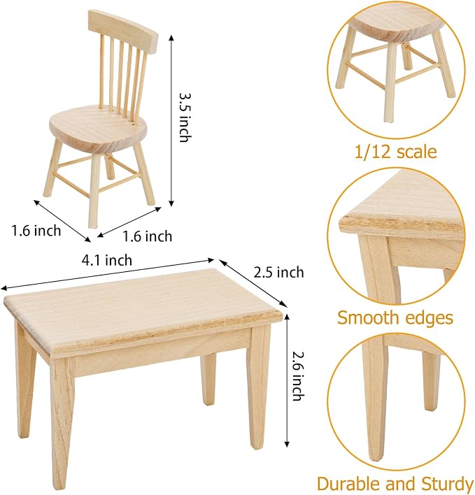 Nicunom Dollhouse Dining Room Furniture Set, 1/12 Scale Miniature Table and 4 Chairs, Wooden Doll House Accessories