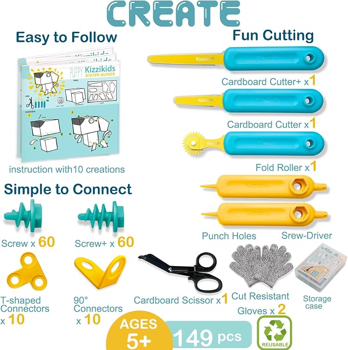 Kizzikids Cardboard Tools for Kids with Safe Cutter &Tool Box, 149 PCS Cardboard Construction Kit for Family & Team Activities, Creative STEM Educational Toys Gift for Boys and Girls Aged 5+