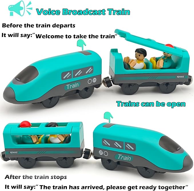 Battery Operated Police Train for Wooden Train Tracks with Figures Kids Magnetic Wooden Trains Set for Toddlers Boys 3-5 4-8 (Without Battery and Tracks) (Green)